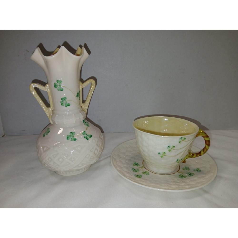 Shamrock Belleek Pottery Ireland Flat Cup & Saucer Set &‎ Handled Vase Set